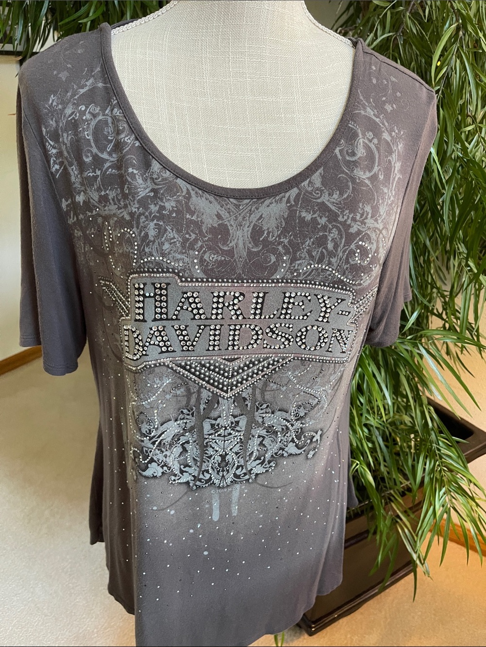 Harley-Davidson Charcoal Brown Scoop Neck Studded Tee